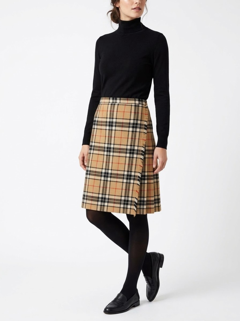 Highland Kilts Beige Plaid A-Line Skirt True Wrap Fringe Detail New Wool Sz 14